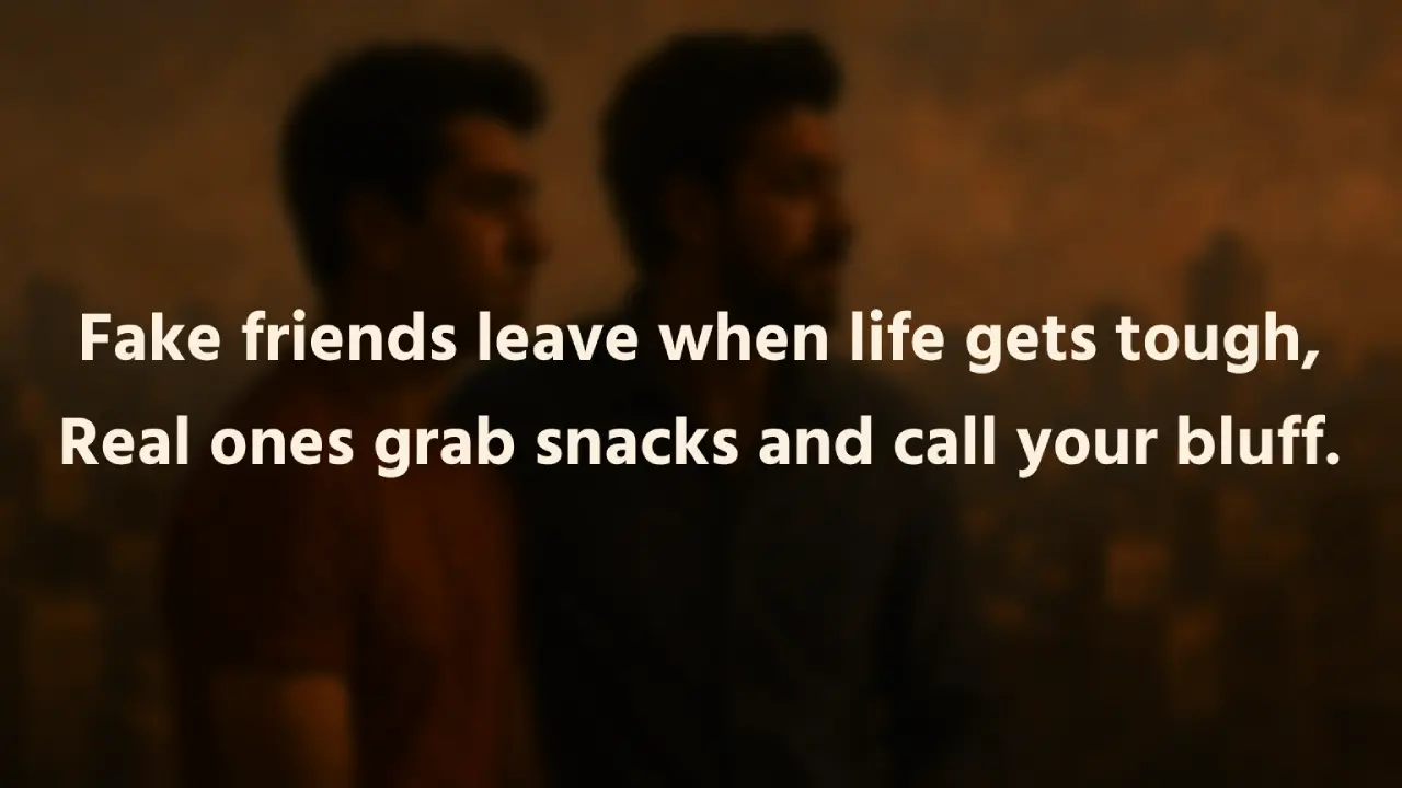 50+ 2 Line Dosti Shayari in Hindi & English - दोस्ती शायरी Blurred Oil paintinge illustration of two young Indian male friends looking at the city scape enjoying their presence, The Image has 2 line dosti shayari written in english: Fake friends leave when life gets tough, Real ones grab snacks and call your bluff.