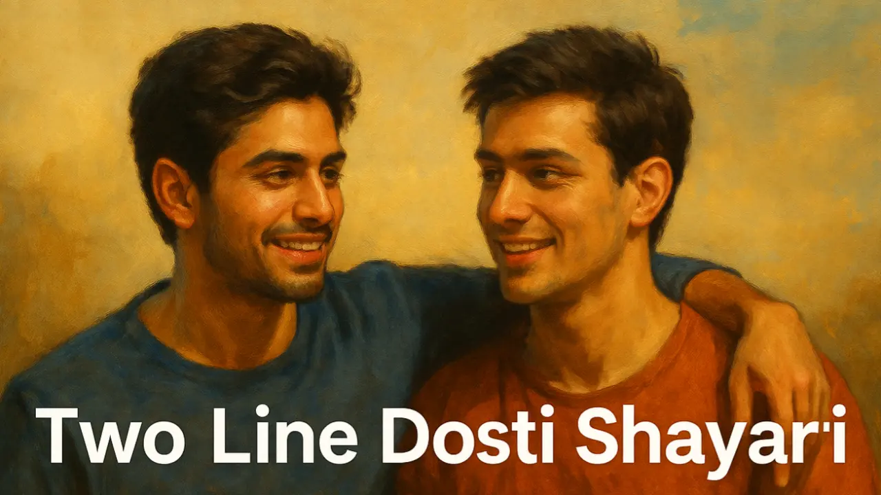 50+ 2 Line Dosti Shayari in Hindi & English - दोस्ती शायरी Illustration of two young Indian men around 25 years old, smiling warmly and standing close together in a friendly pose. One wears a blue shirt, the other a rust-red shirt, with an arm draped over the other’s shoulder. The artwork is in a traditional oil painting style with soft, earthy tones. Text below reads: 2 Line Dosti Shayari