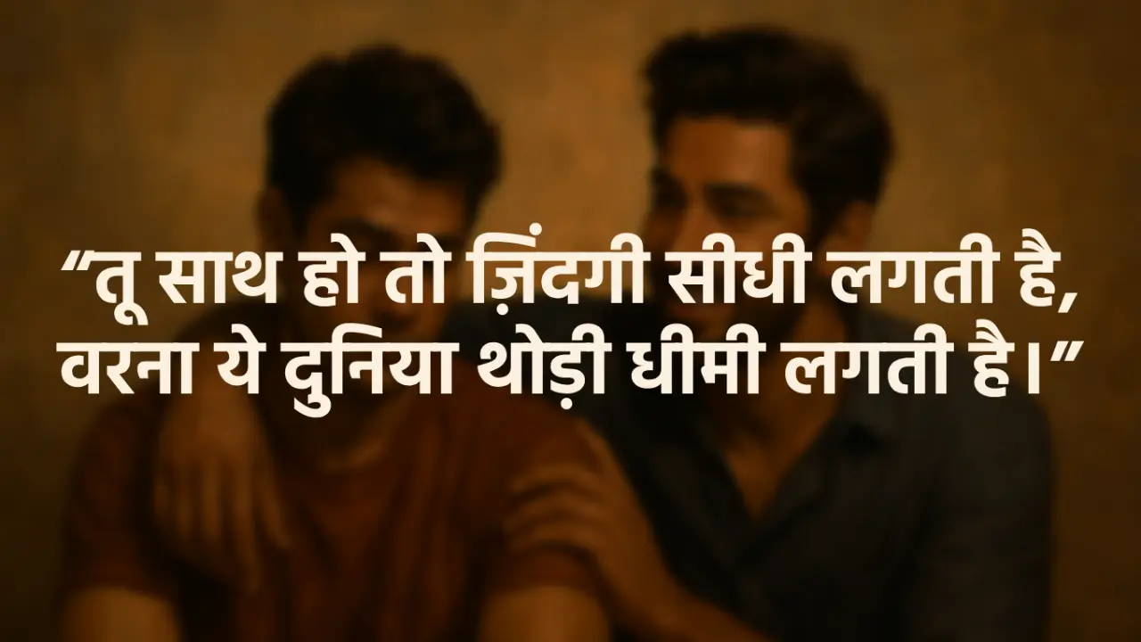 Home Blurred image of Two South Asian men sit side by side indoors, one with his arm around the other, both sharing a warm, friendly moment in a traditional oil painting style with earthy tones and soft lighting. It has a dosti shayari in hindi written: "तू साथ हो तो ज़िंदगी सीधी लगती है,
वरना ये दुनिया थोड़ी धीमी लगती है।"
