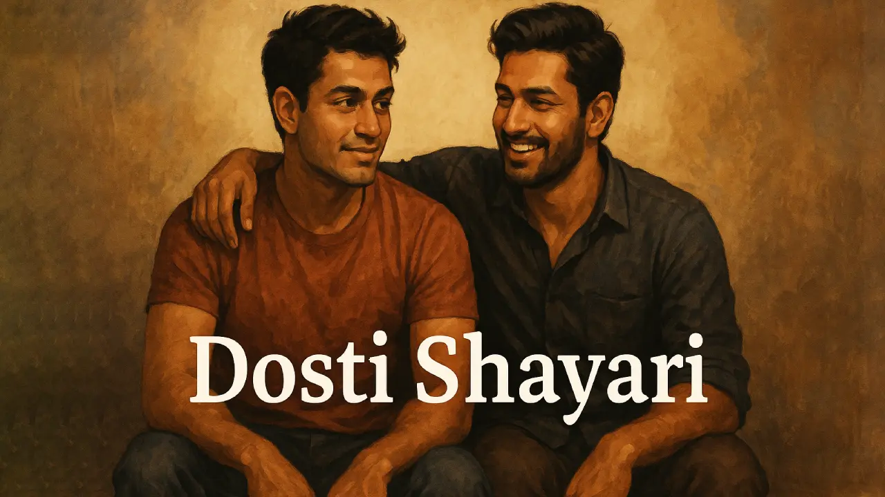 Home An oil painting-style illustration of two friends sitting and talking warmly. One friend has a hand placed affectionately on the other’s shoulder. Both are smiling as they share dosti shayari in Hindi.