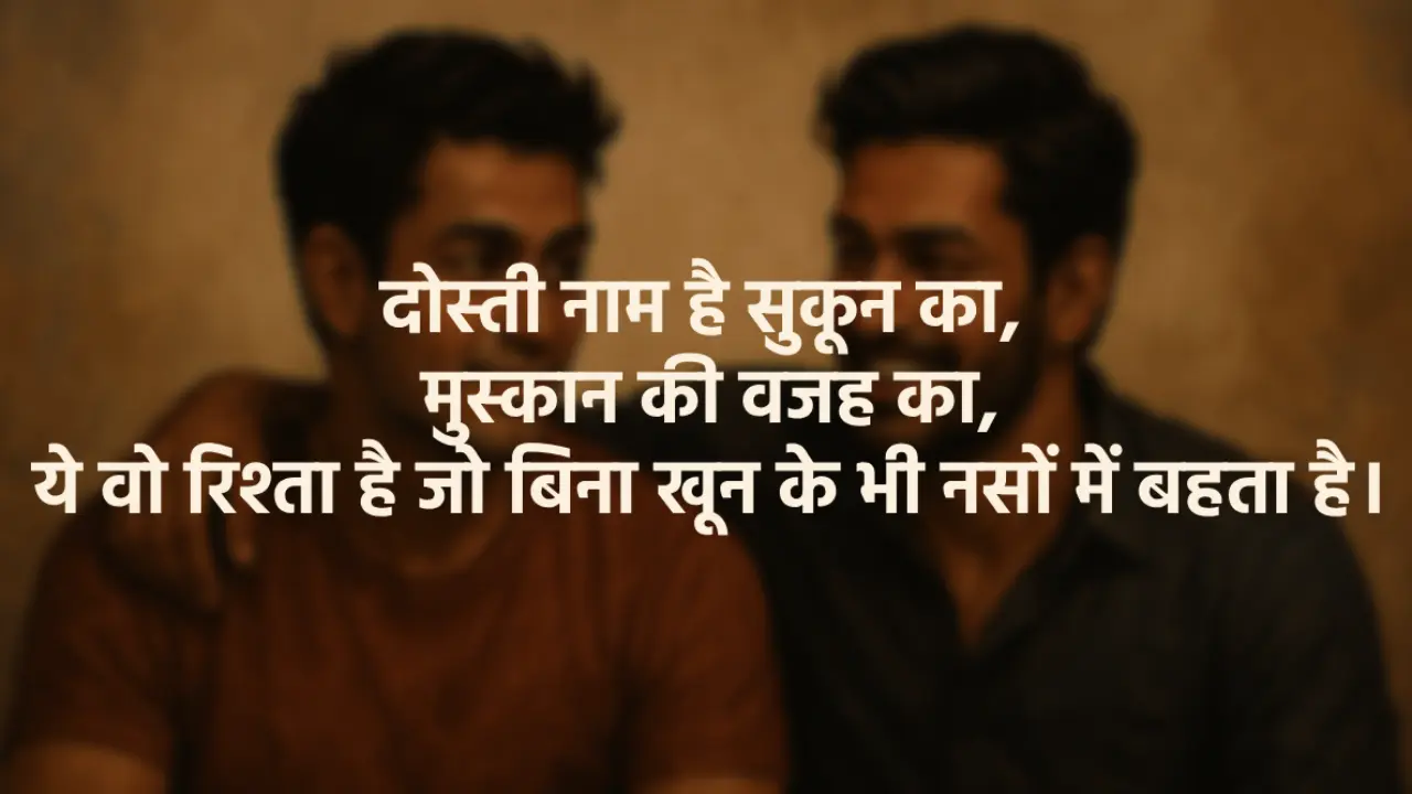 Home A blurred oil painting-style illustration of two friends sitting and talking warmly. A friendship shayari is written : दोस्ती नाम है सुकून का, मुस्कान की वजह का,
ये वो रिश्ता है जो बिना खून के भी नसों में बहता है।